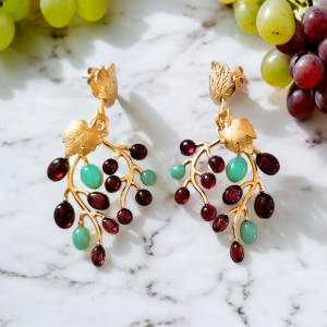 Winogrona - Kolczyki srebrne pozłacane, naturalne kamienie,rękodzieło