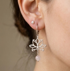 Kwiaty Lotosu z kwarcem różowym, kolczyki srebrne pr 925