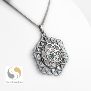 Wisior Kwiatu Życia z Ziarnem Życia i turkusem, srebro 925, 40mm